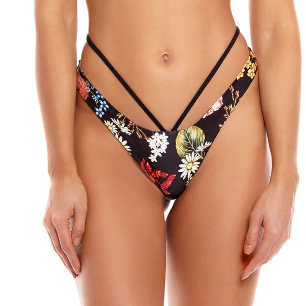 Agua Bendita Egle Moss Black Floral Reversible Swim Bikini Bottom Size Large - Picture 2 of 8